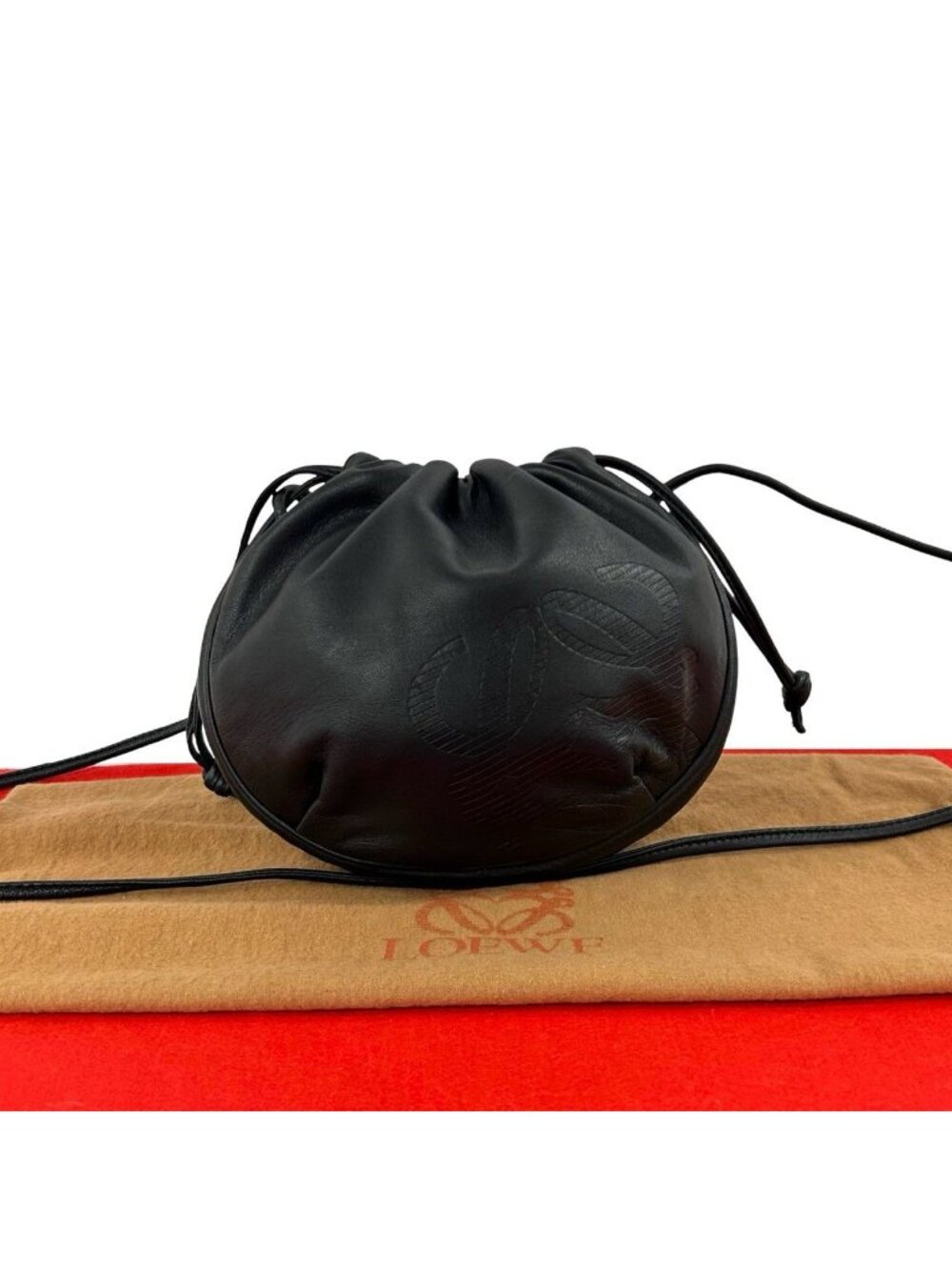 Loewe Vintage Anagram Logo Leather Drawstring Mini Shoulder Bag Pochette Black